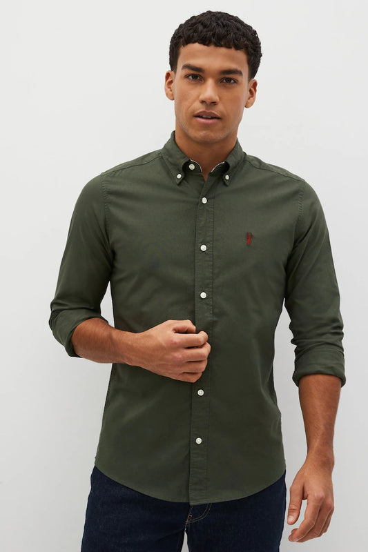 NEXT Dark Green Slim Fit Long Sleeve Oxford Shirt