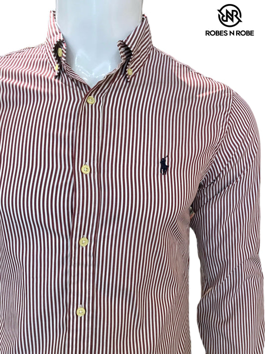 RALPH LAUREN BUTTON DOWN  SLIM-FIT MAROON STRIPE SHIRT