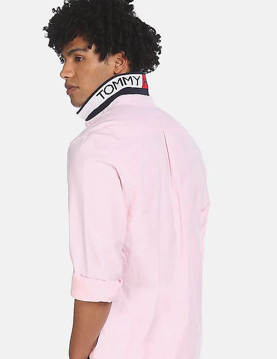 TOMMY HILFIGER TIPPED COLLAR SOLID PINK SHIRT