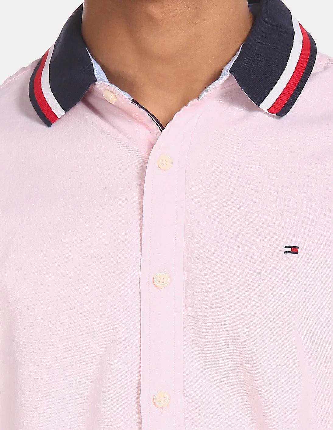 TOMMY HILFIGER TIPPED COLLAR SOLID PINK SHIRT
