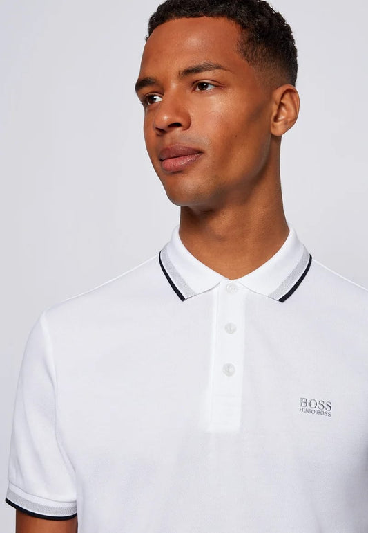 HUGO BOSS WHITE REGULAR FIT ORGANIC-COTTON POLO SHIRT WITH CONTRAST LOGO DETAILS